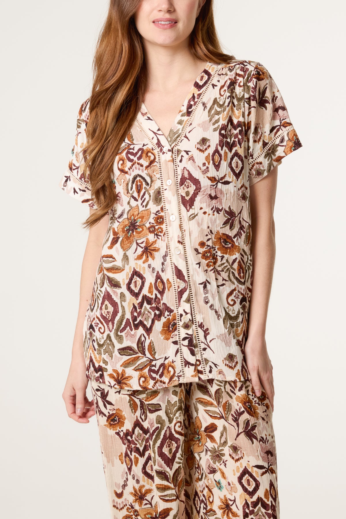 Abstract Floral Print V-Neck Shirt