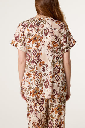 Abstract Floral Print V-Neck Shirt