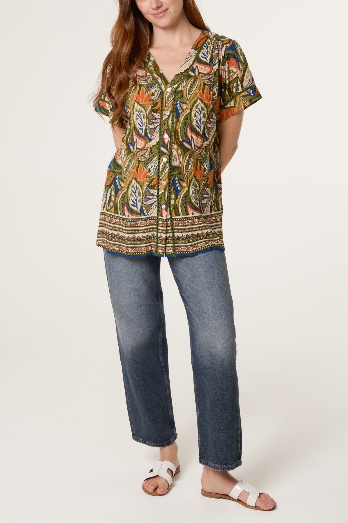 Abstract Leaf Print Button Front Top