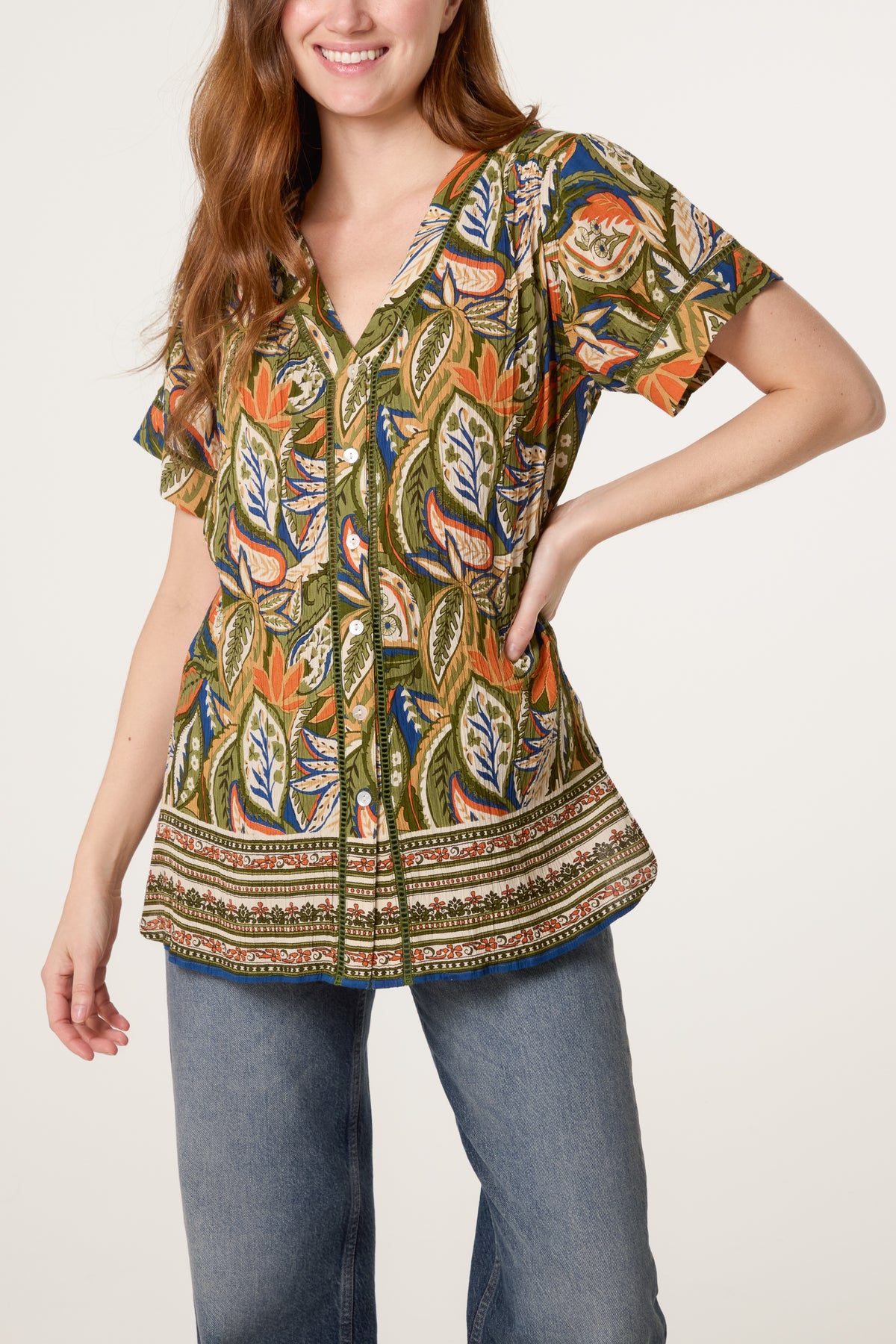 Abstract Leaf Print Button Front Top
