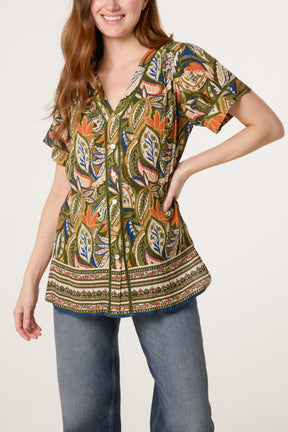 Abstract Leaf Print Button Front Top