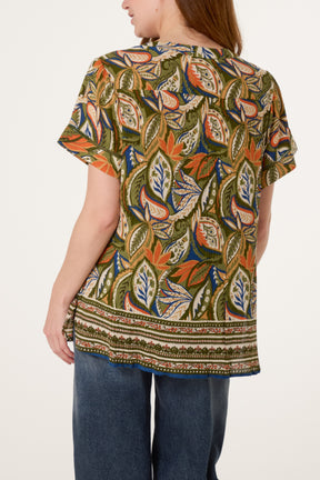 Abstract Leaf Print Button Front Top