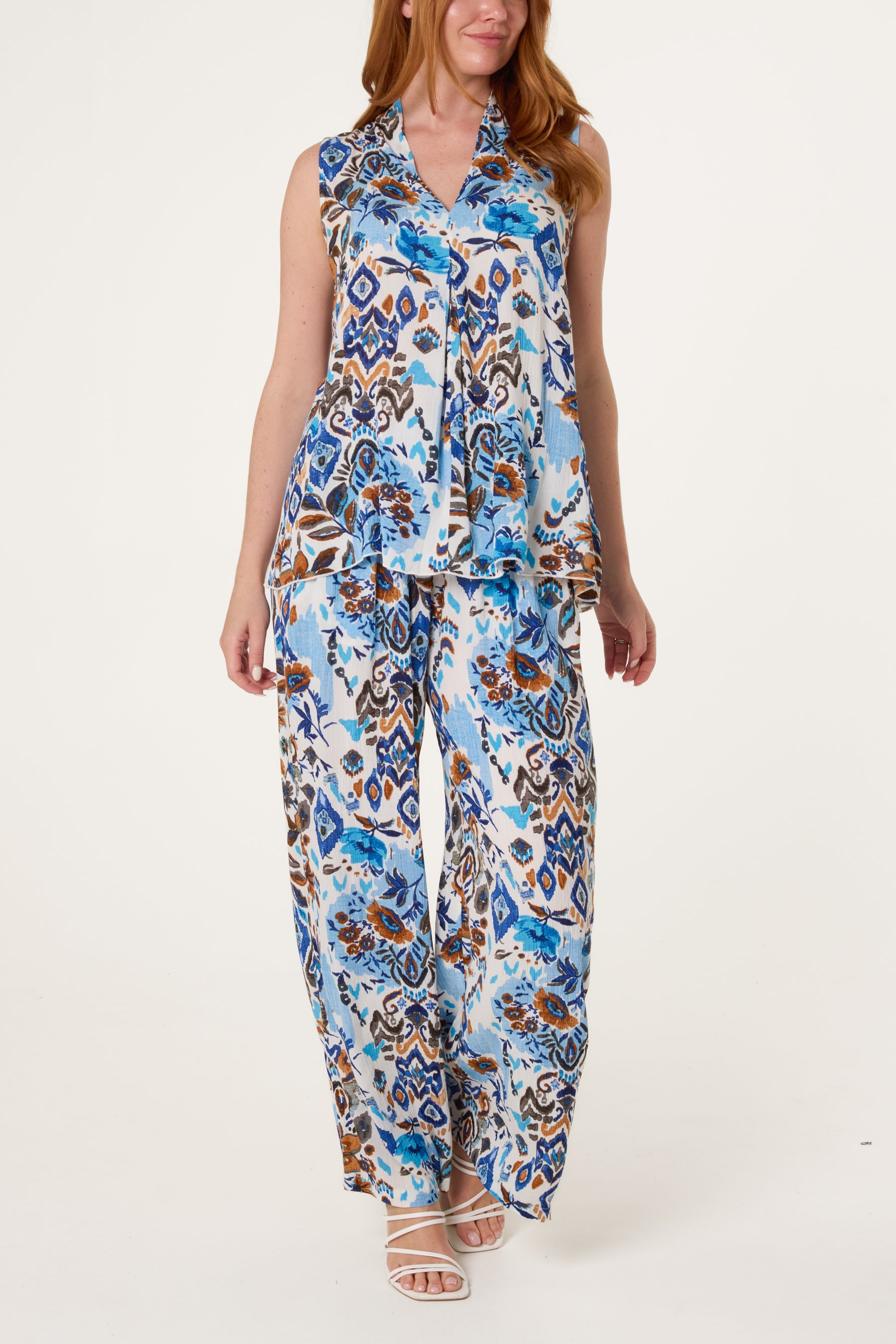 Abstract Floral Crinkle Rayon V-Neck Top