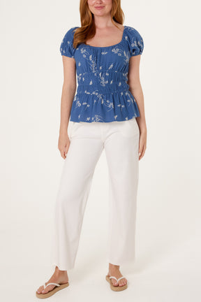 Shirred Floral Embroidery Peplum Blouse