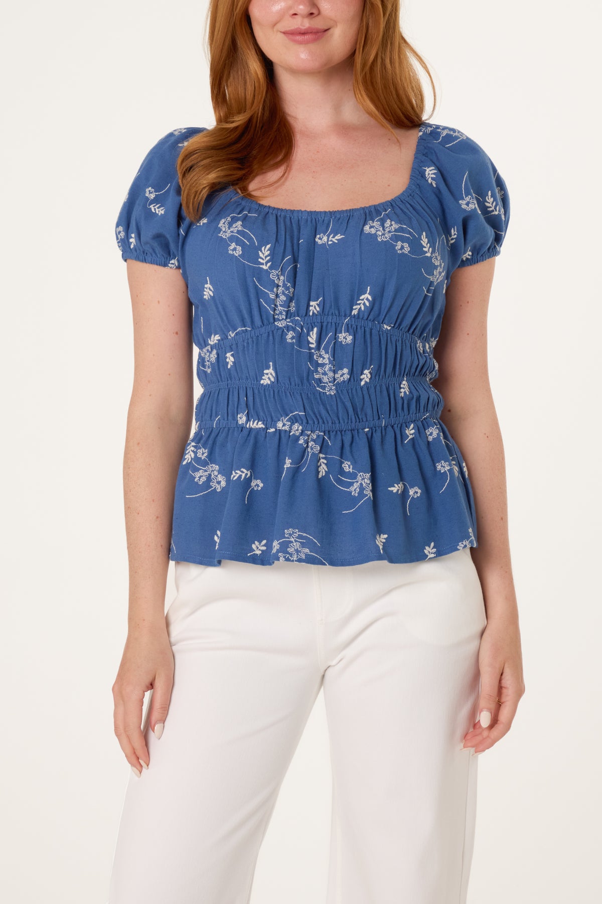 Shirred Floral Embroidery Peplum Blouse