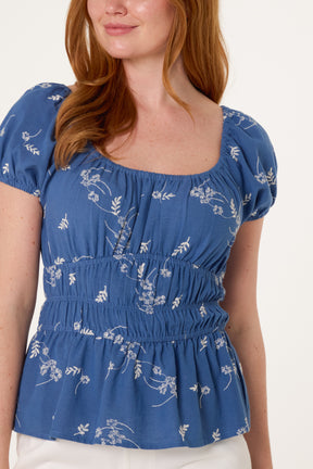 Shirred Floral Embroidery Peplum Blouse