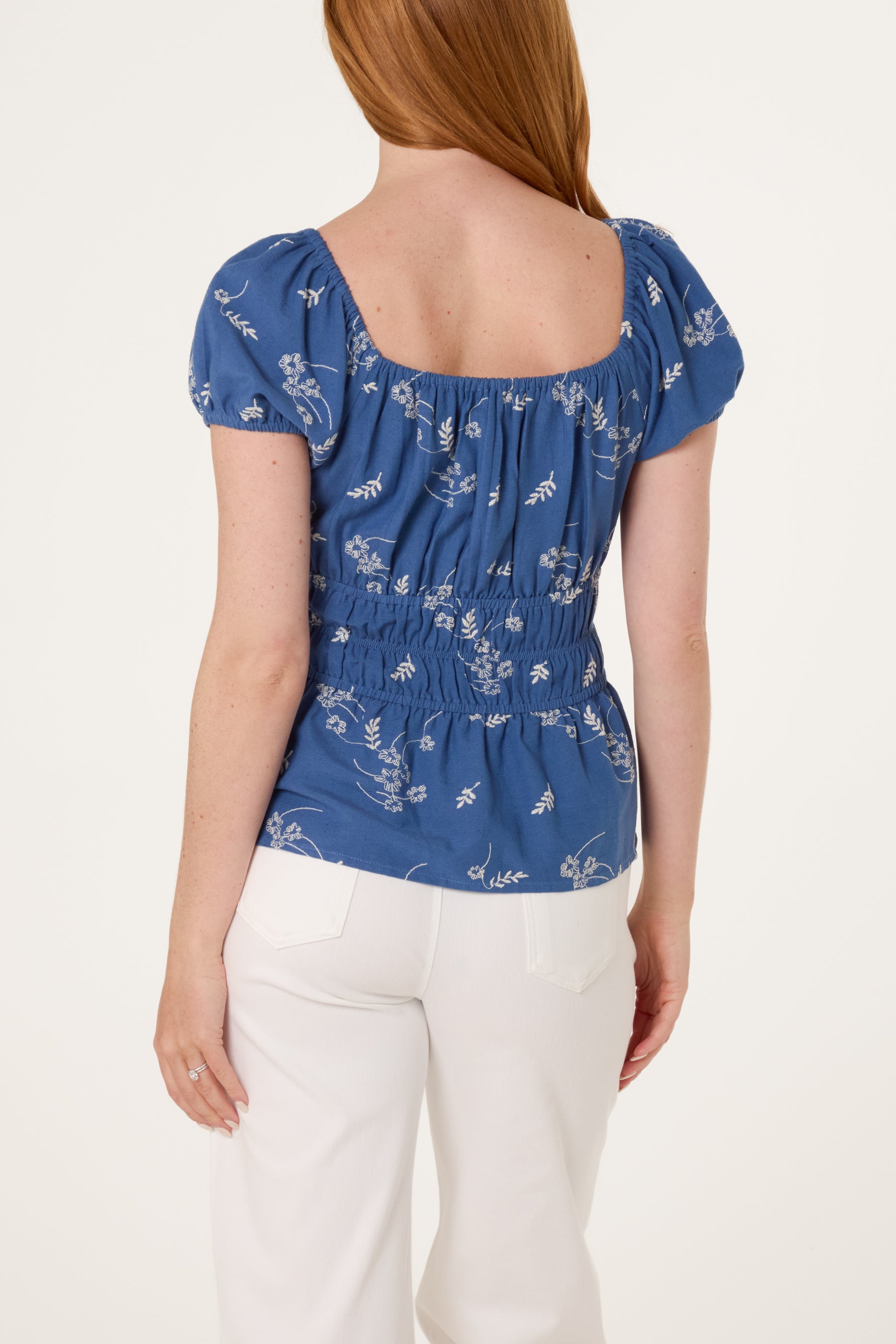 Shirred Floral Embroidery Peplum Blouse