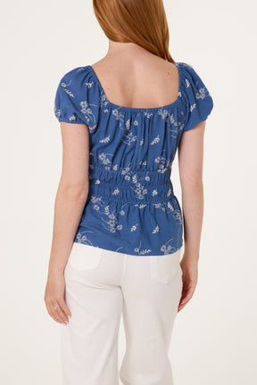 Shirred Floral Embroidery Peplum Blouse