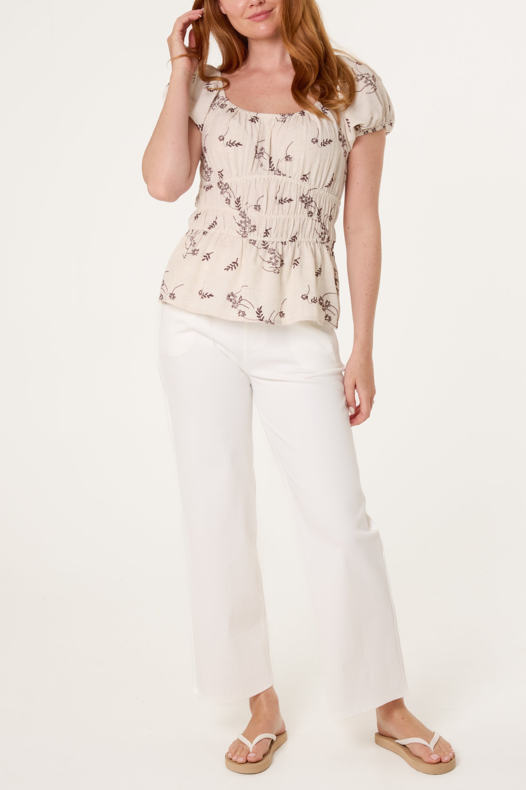 Shirred Floral Embroidery Peplum Blouse