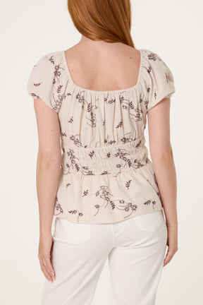 Shirred Floral Embroidery Peplum Blouse
