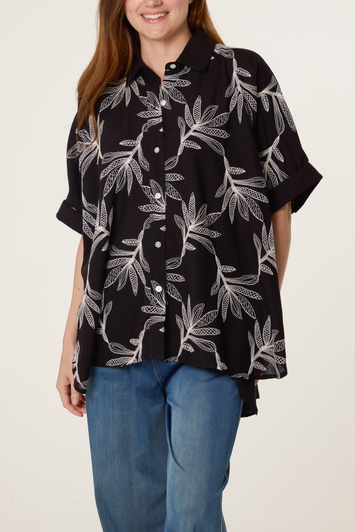 Embroidered Leaf Button Shirt