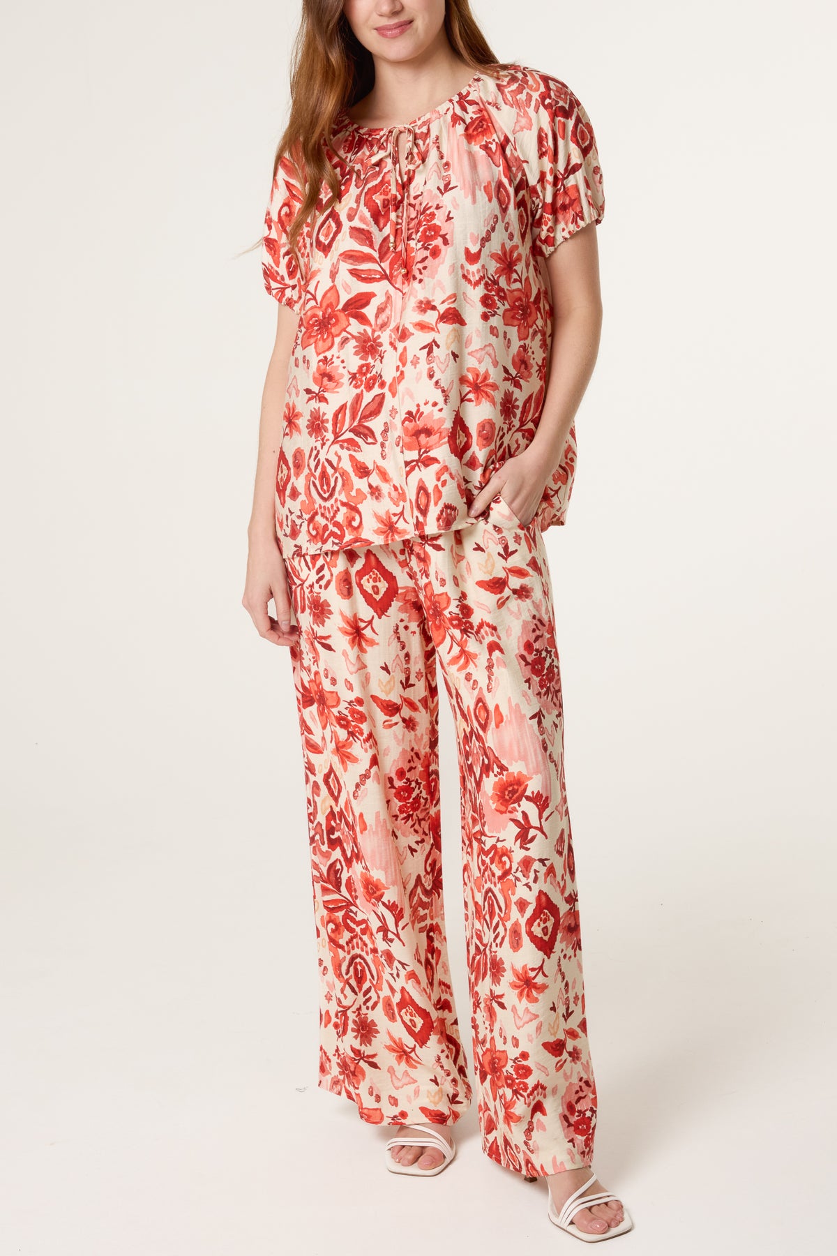 Abstract Floral Tie Neck Top