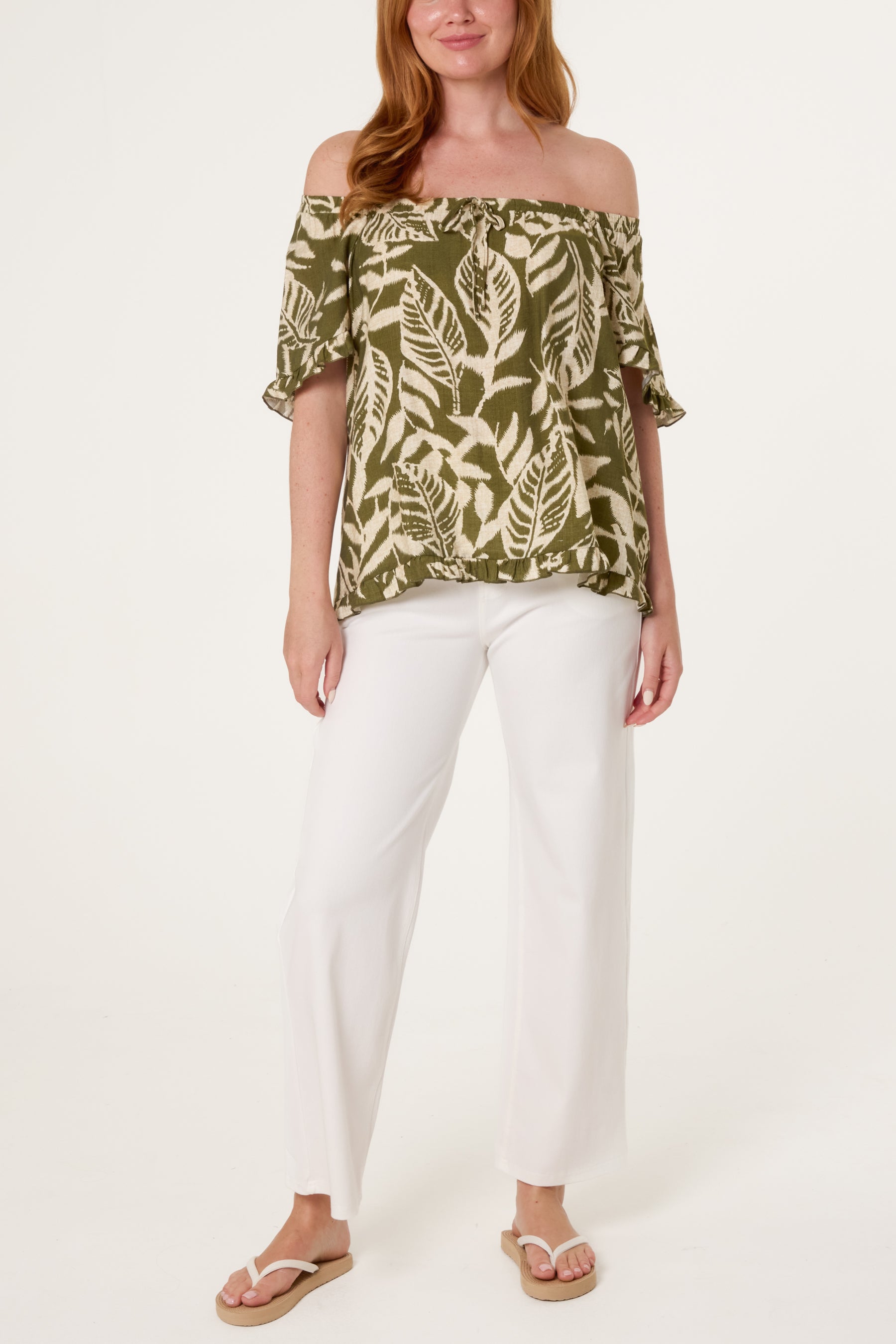 Abstract Leaf Print Bardot Top