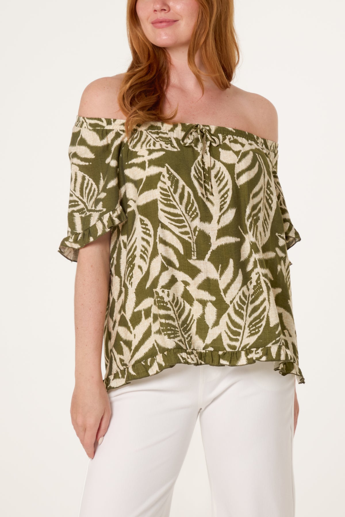 Abstract Leaf Print Bardot Top