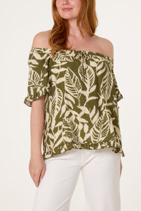Abstract Leaf Print Bardot Top