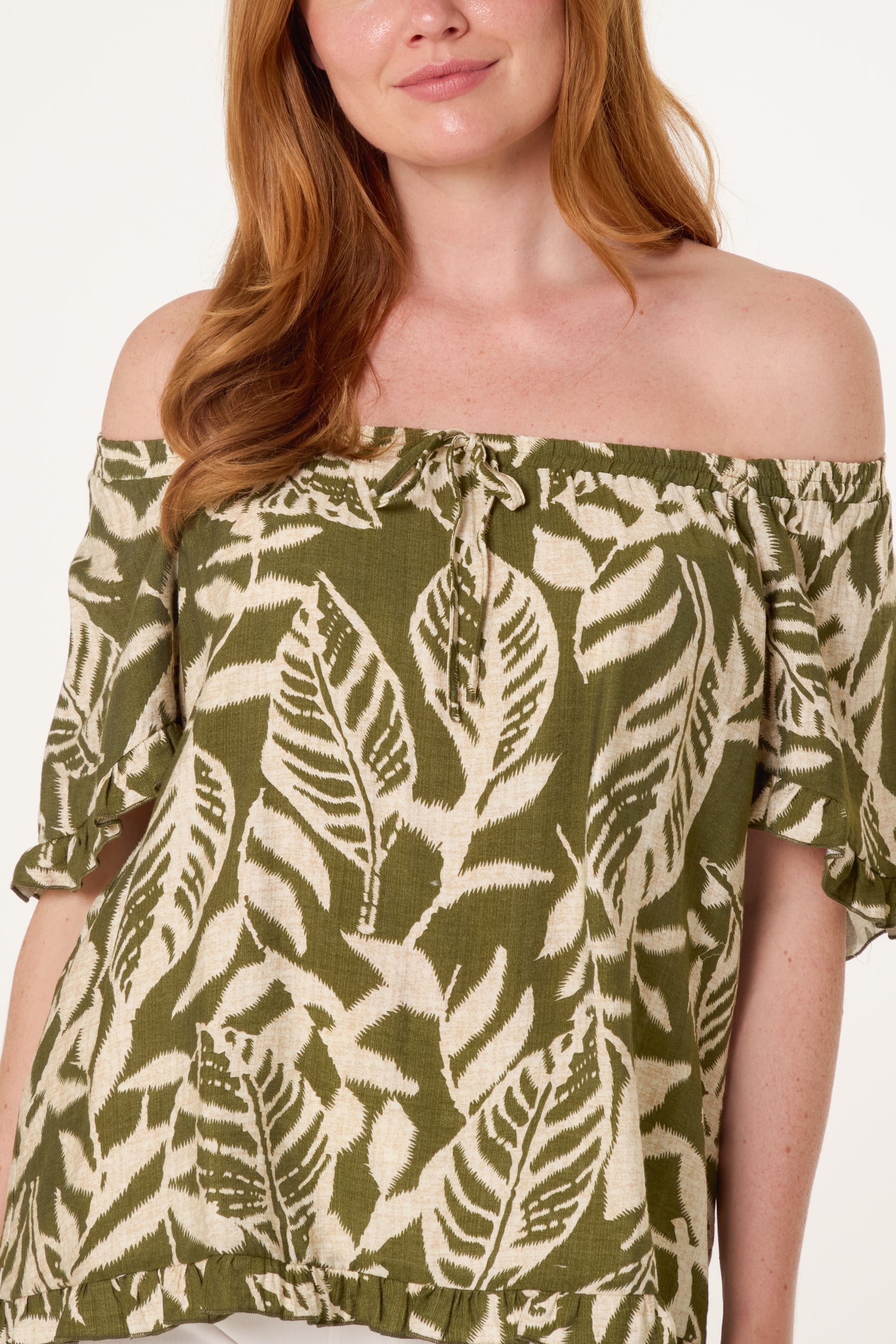 Abstract Leaf Print Bardot Top