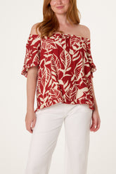 Abstract Leaf Print Bardot Top