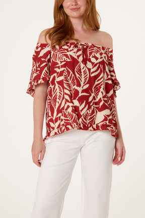 Abstract Leaf Print Bardot Top