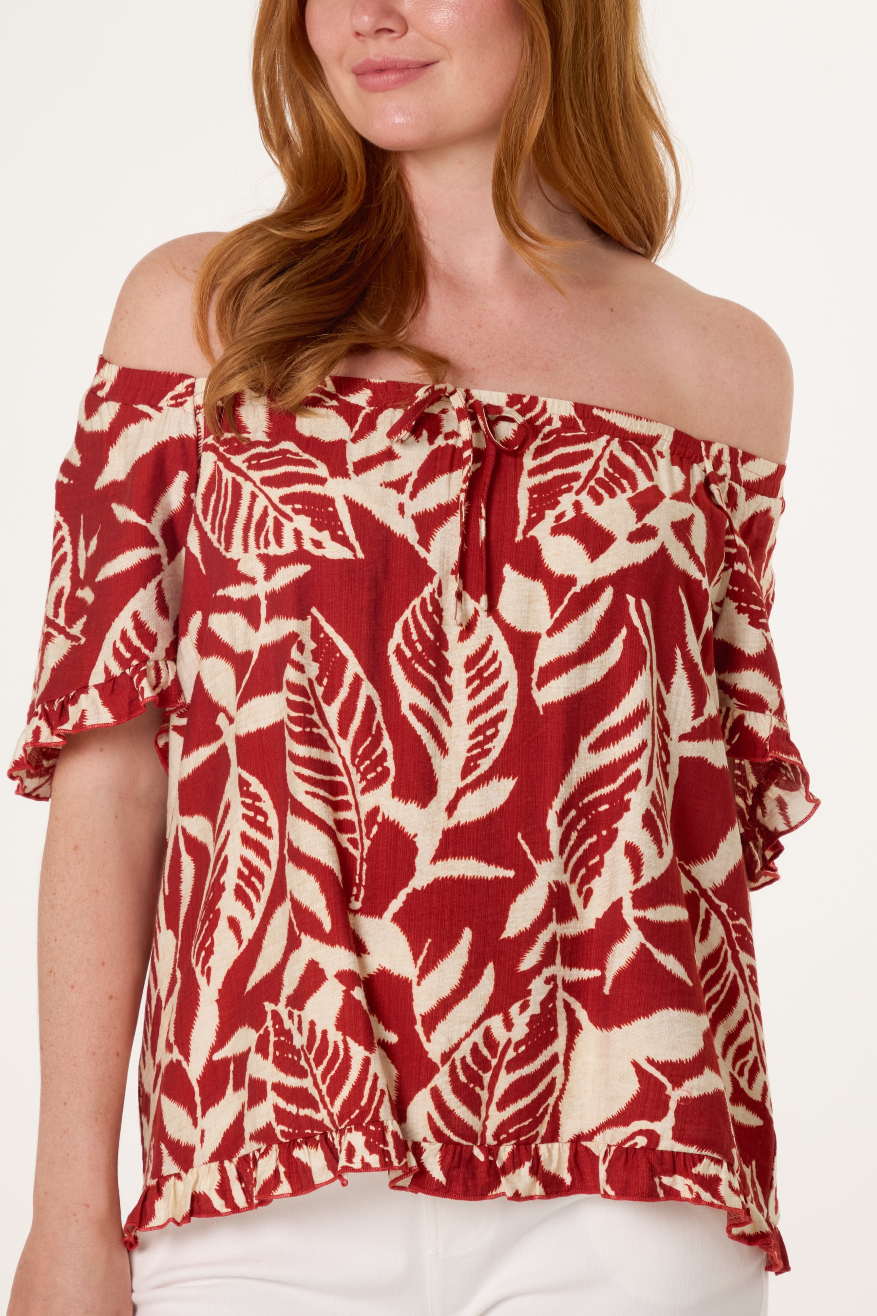 Abstract Leaf Print Bardot Top