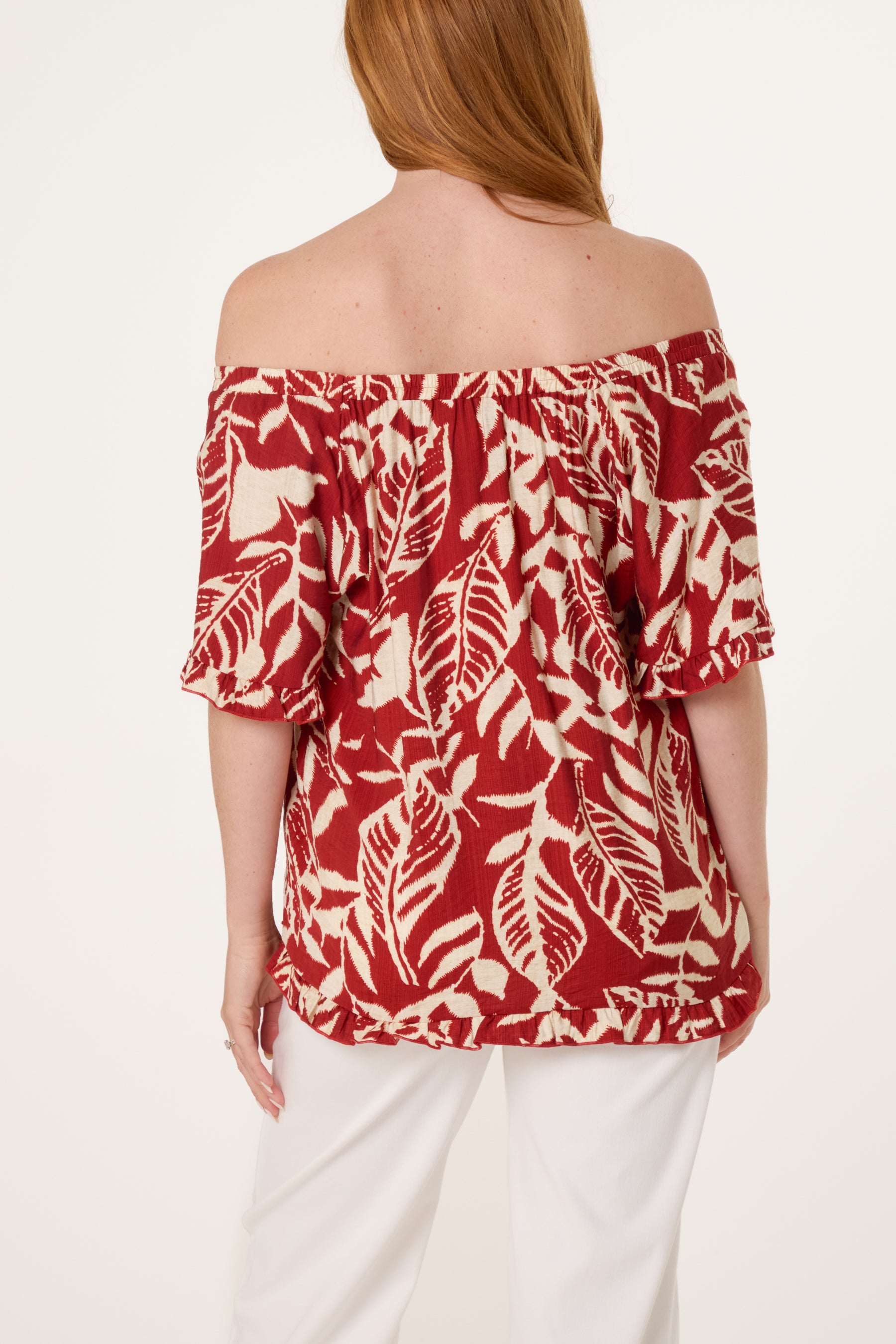 Abstract Leaf Print Bardot Top