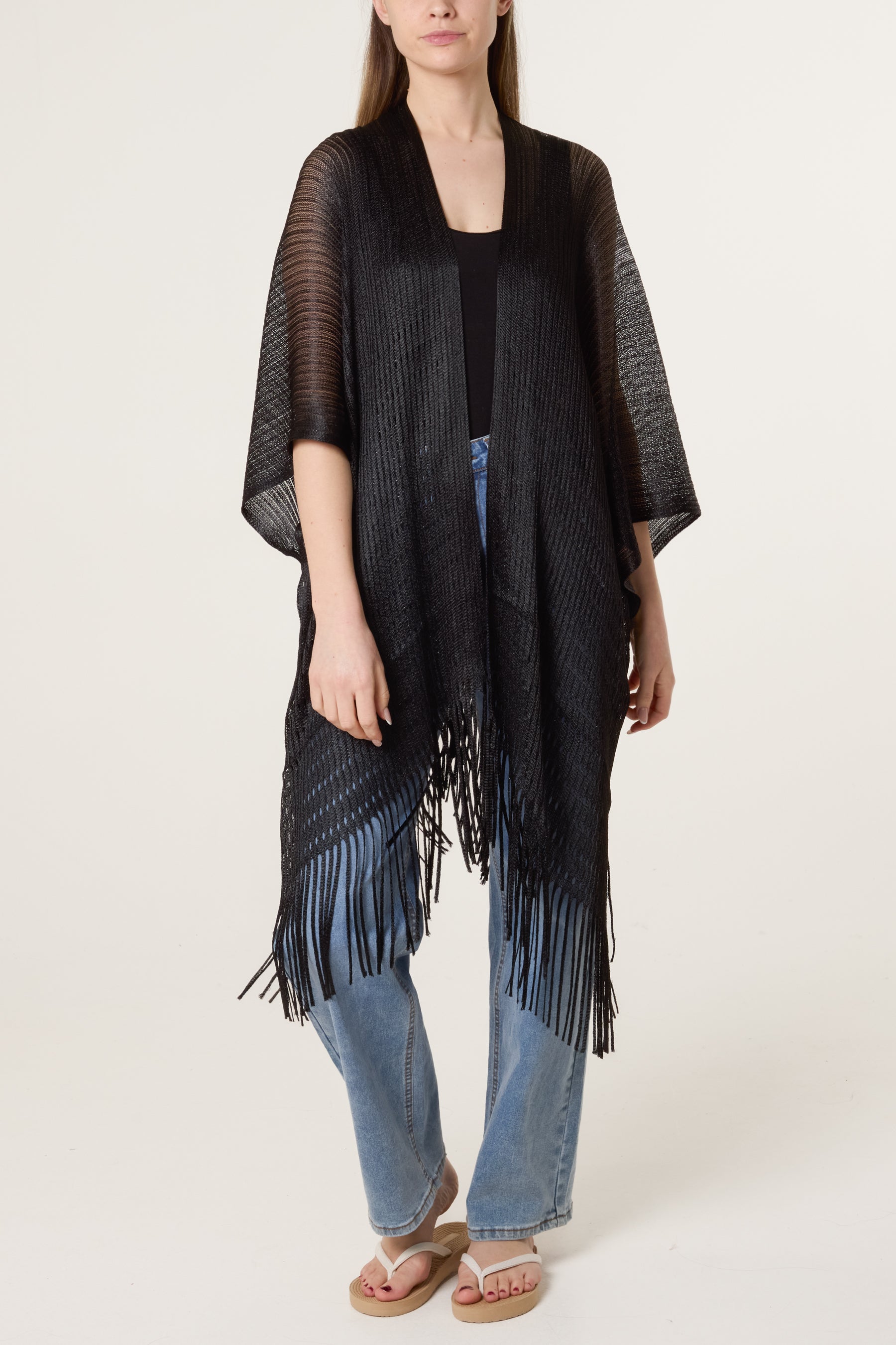 Textured Knit Tassel Cape