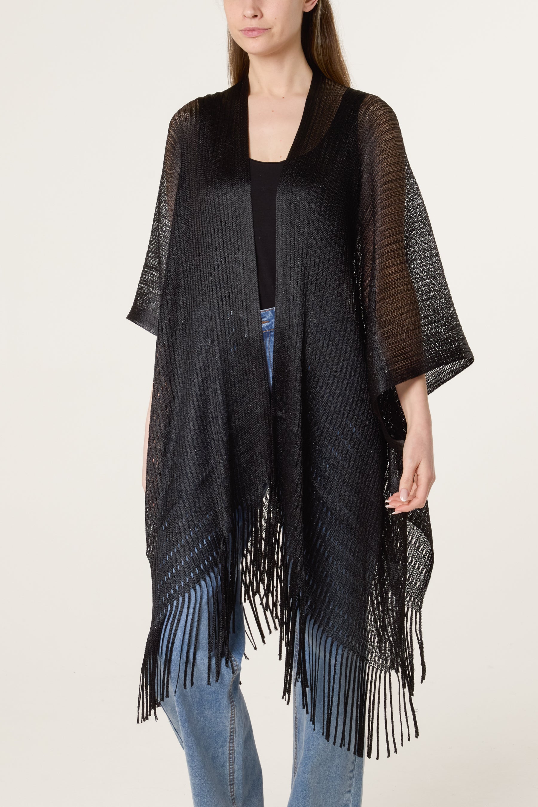 Textured Knit Tassel Cape