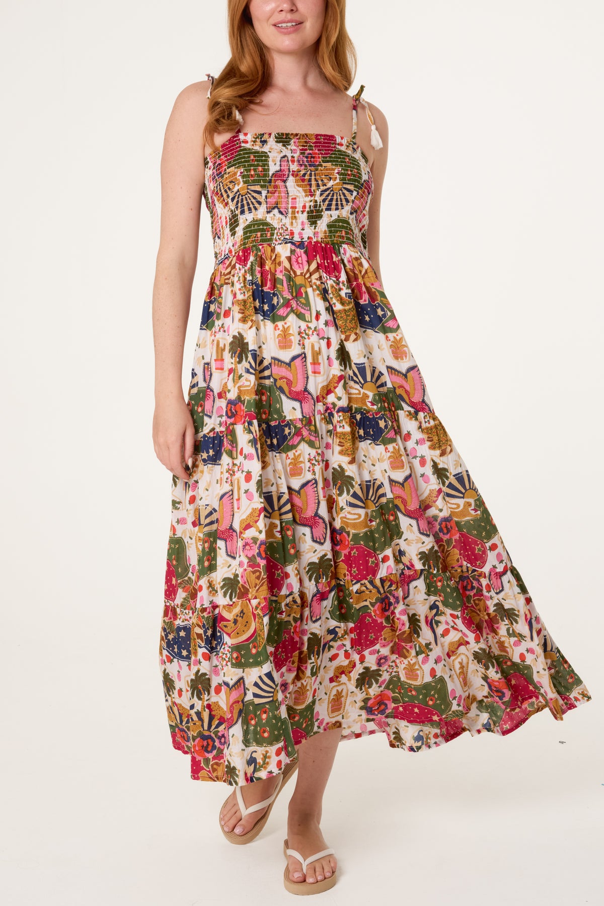 Whimsical Patchwork Shirred Midi Dress