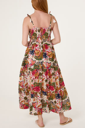 Whimsical Patchwork Shirred Midi Dress