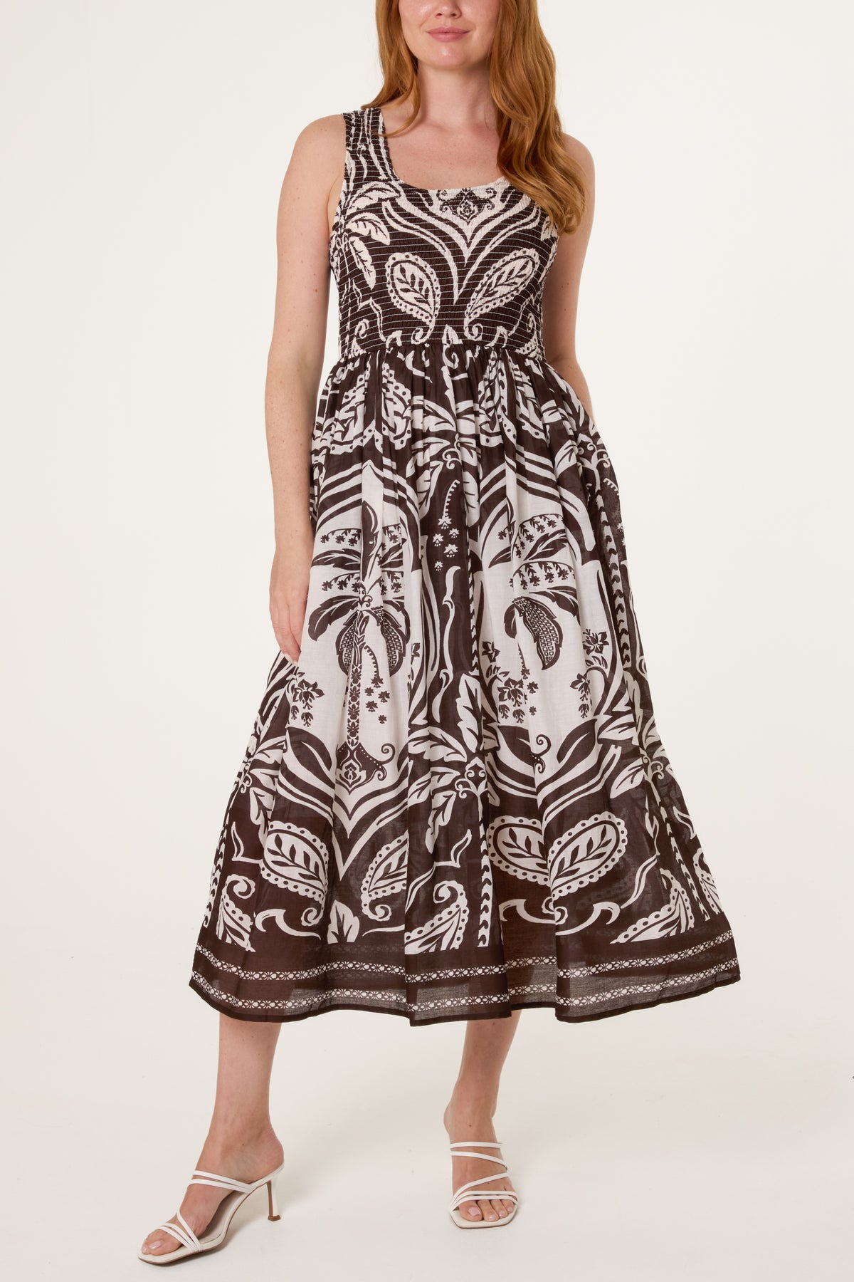Tropical Print Shirred Midi Dress
