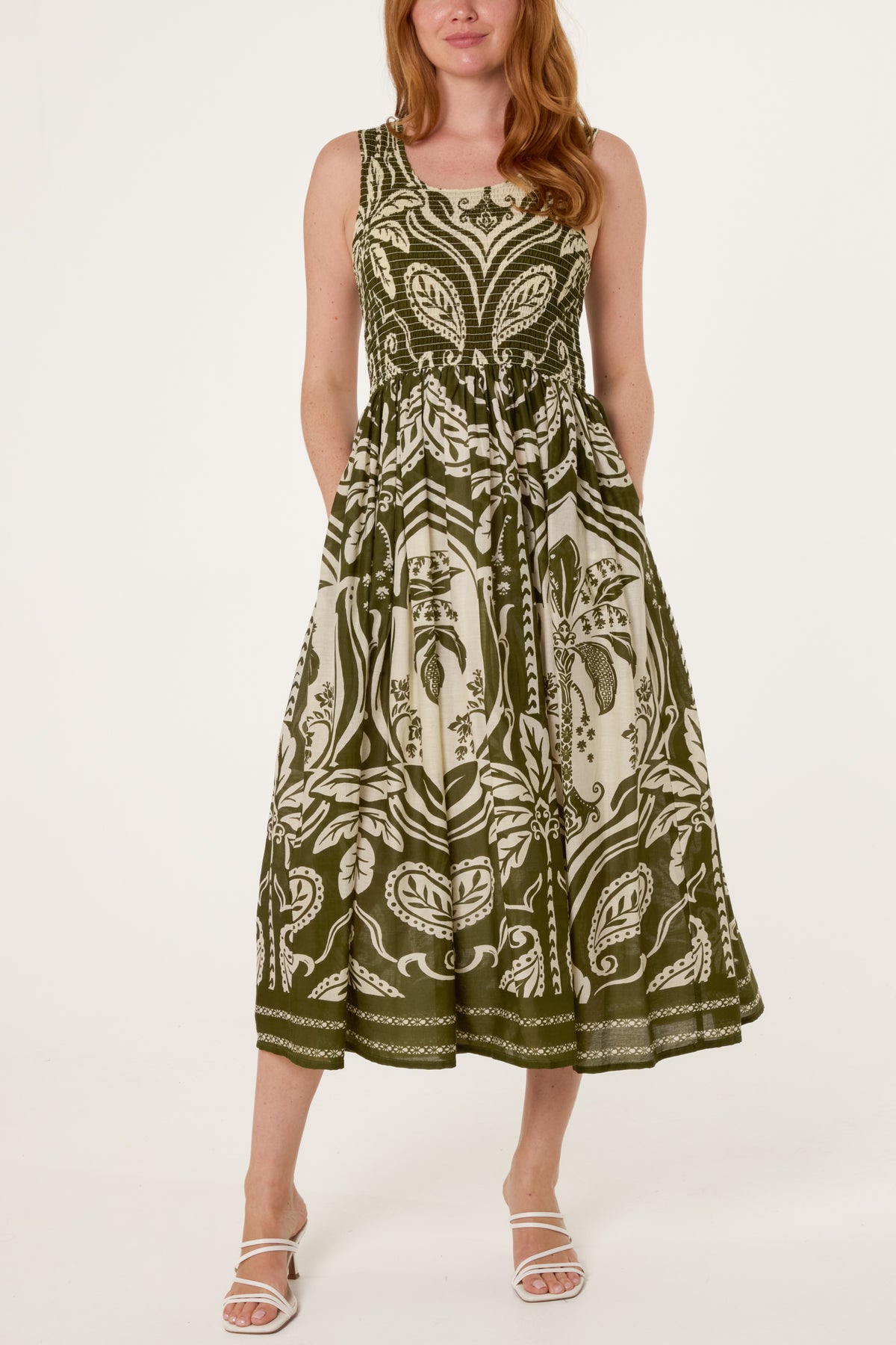 Tropical Print Shirred Midi Dress