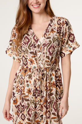 Abstract Floral Print Button Front Midi Dress