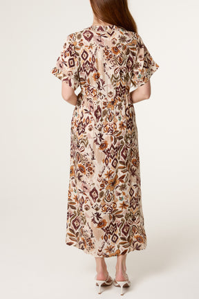Abstract Floral Print Button Front Midi Dress