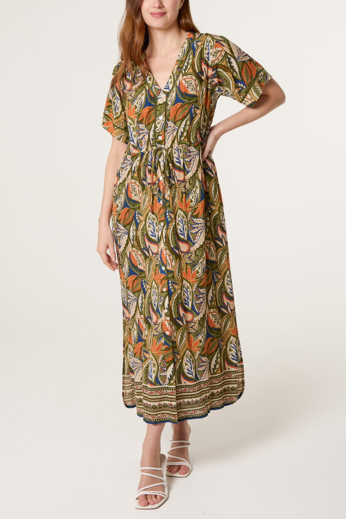 Abstract Leaf Print Button Front Midi Dress