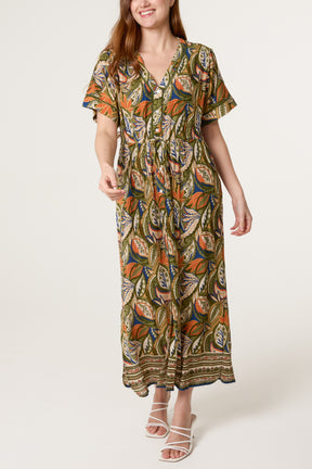 Abstract Leaf Print Button Front Midi Dress