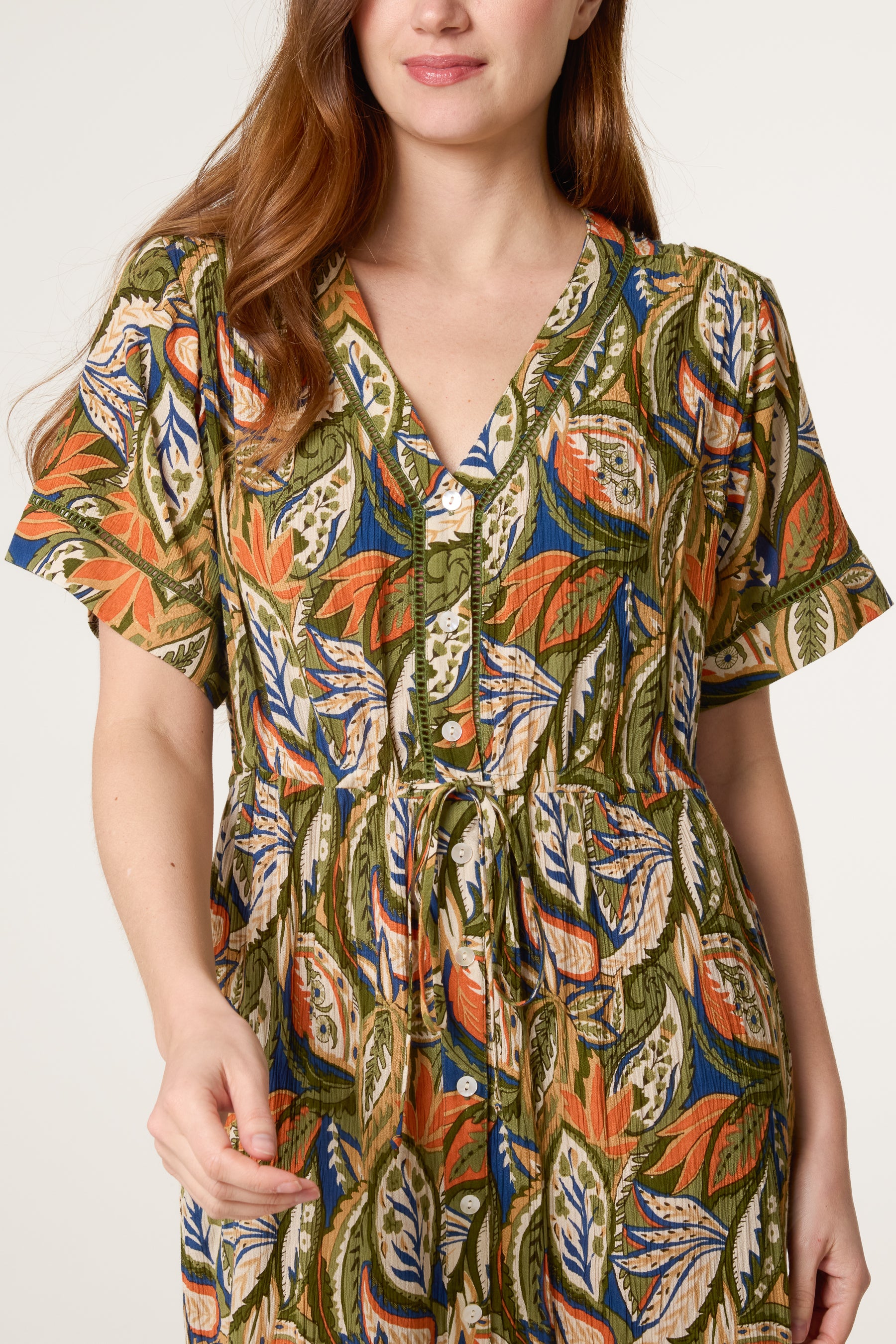 Abstract Leaf Print Button Front Midi Dress