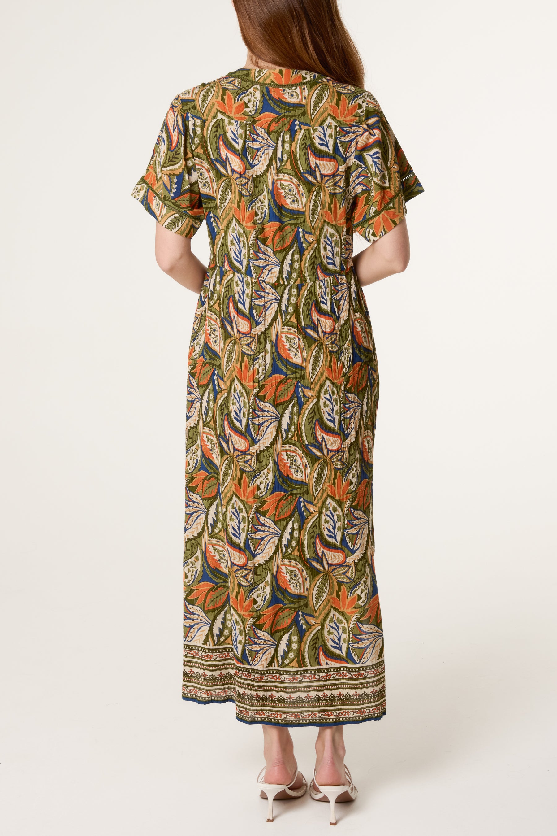 Abstract Leaf Print Button Front Midi Dress
