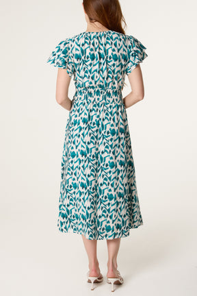 Ikat Print Shirred V-Neck Dress