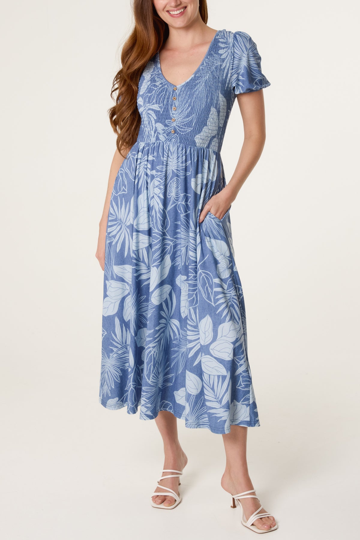 Shirred Scoop Neck Leaf Print Dress