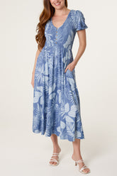 Shirred Scoop Neck Leaf Print Dress