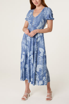 Shirred Scoop Neck Leaf Print Dress