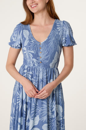 Shirred Scoop Neck Leaf Print Dress