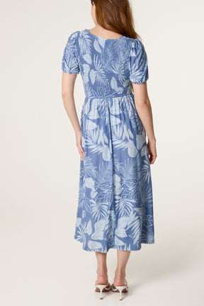 Shirred Scoop Neck Leaf Print Dress