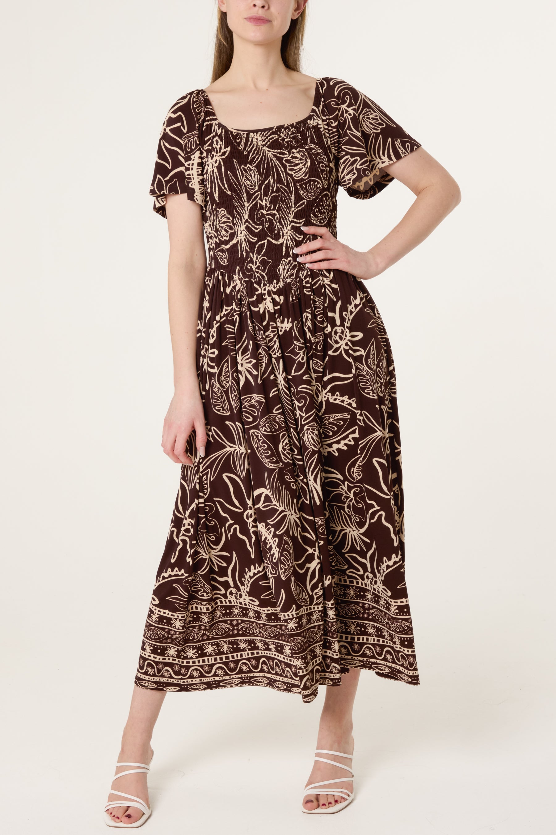 Shirred Drop Waist Doodle Leaf Dress