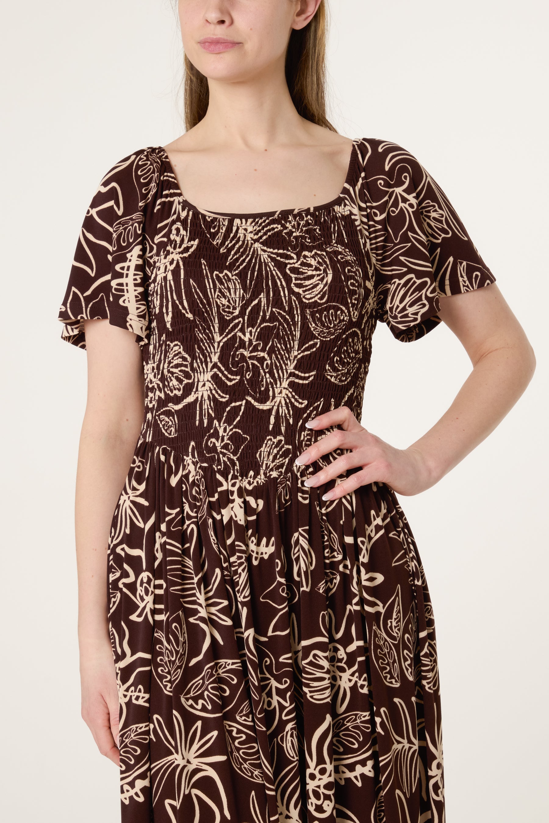 Shirred Drop Waist Doodle Leaf Dress