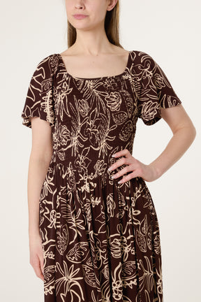 Shirred Drop Waist Doodle Leaf Dress