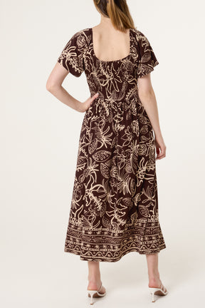 Shirred Drop Waist Doodle Leaf Dress