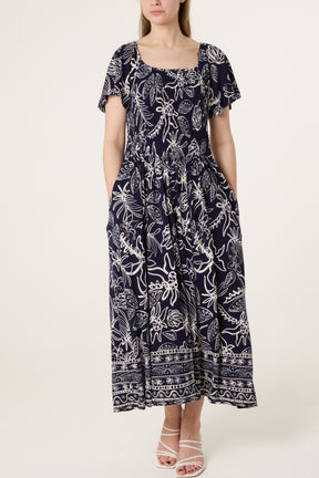 Shirred Drop Waist Doodle Leaf Dress