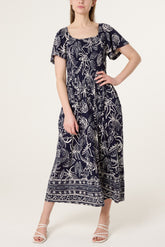 Shirred Drop Waist Doodle Leaf Dress