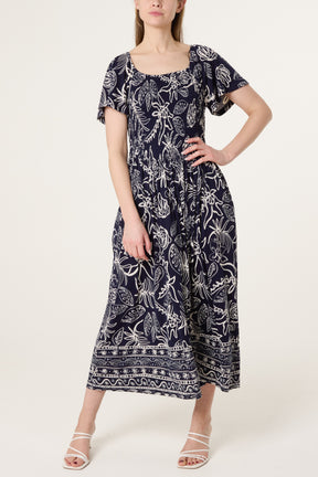 Shirred Drop Waist Doodle Leaf Dress