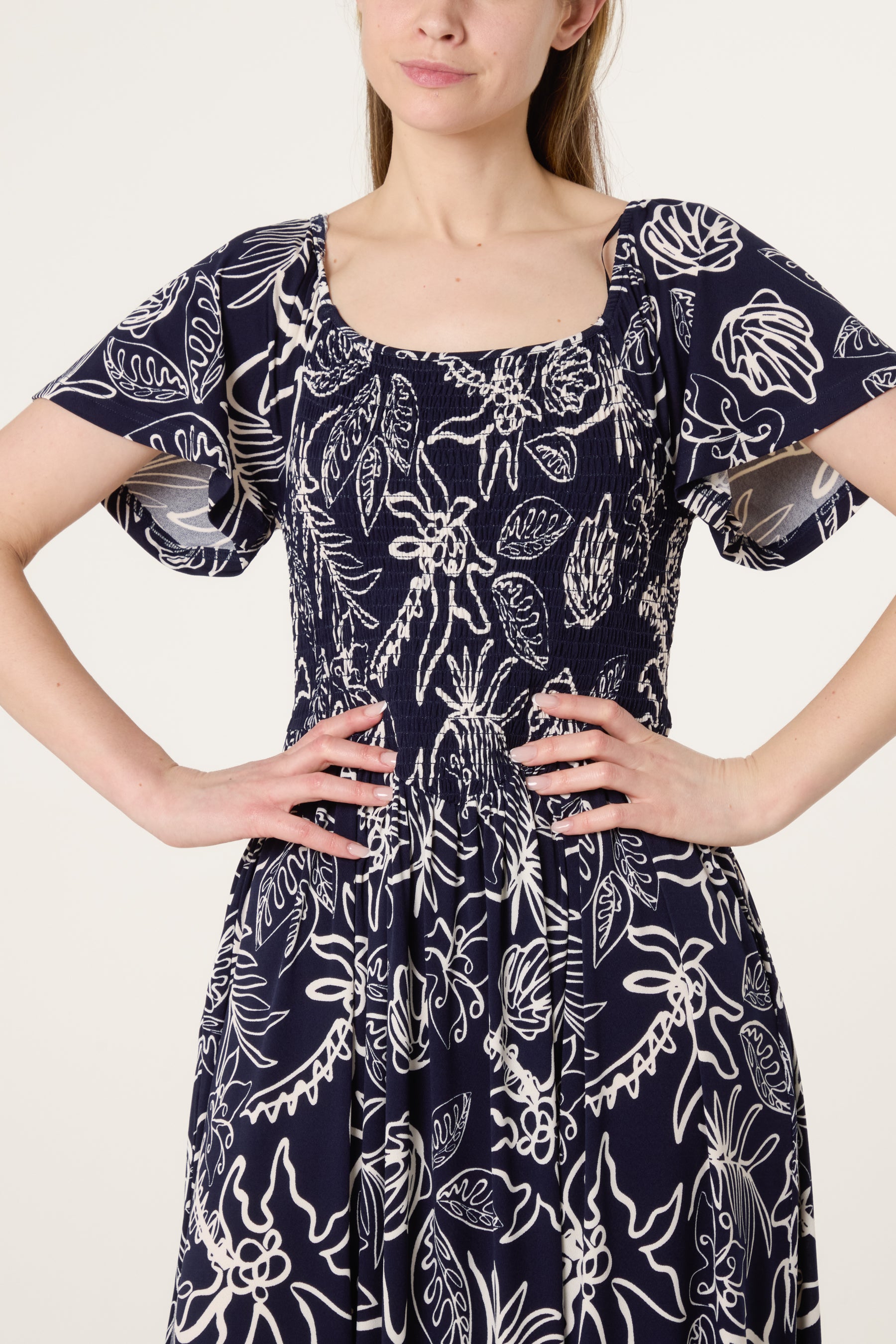 Shirred Drop Waist Doodle Leaf Dress